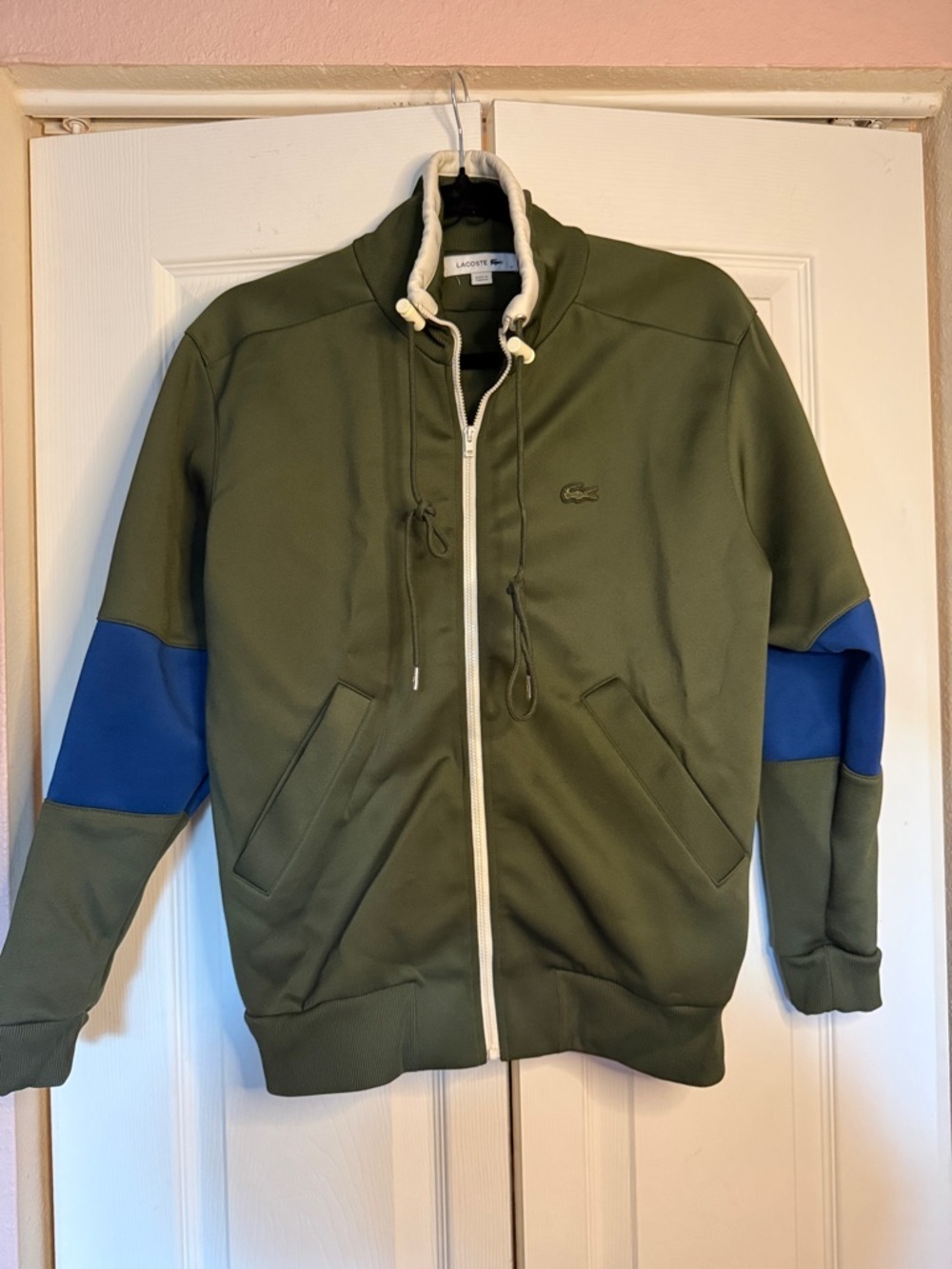 Lacoste Olive Green Full Zip Track Jacket Men’s Medium White Zip Minimal Sport